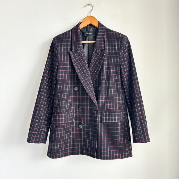 Zara Basic Black Red Window Pane Plaid Double Breasted Blazer M - Picture 1 of 6